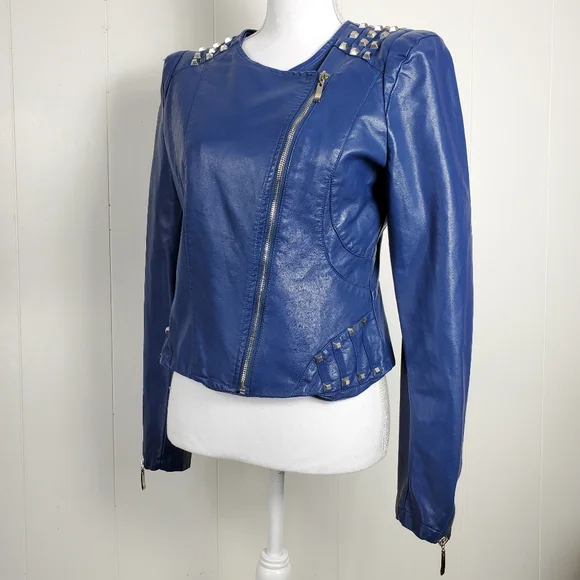 Moto biker blue studded faux leather coat size small - Picture 10 of 11